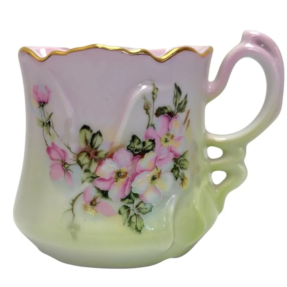 Vintage Victorian Nippon Hand-Painted Porcelain Shaving Mug Cup Floral Gold Rim